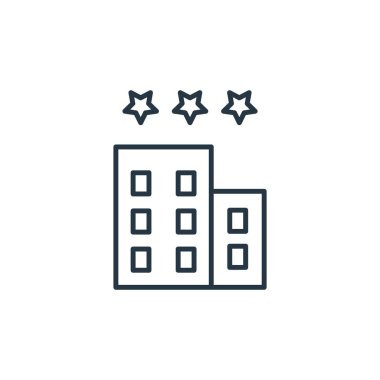 Seyahat konseptindeki otel ikonu vektörü. Otelin düzenlenebilir vuruşunun ince çizgisi. Web ve mobil uygulamalarda kullanmak için otel doğrusal işareti, logo, yazdırma ortamı.