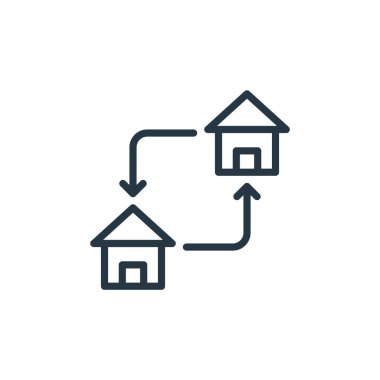 Simge vektörünü emlak kavramından çıkar. Hareket ettirilebilir vuruşun ince çizgisi. Web ve mobil uygulamalarda kullanmak için doğrusal işareti taşı, logo, yazdırma ortamı.