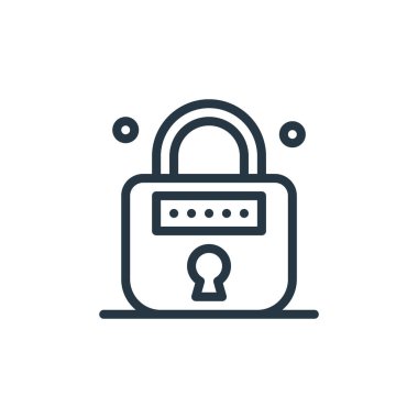 Seo Web Geliştirme konseptinden asma kilit ikonu vektörü. Kurgulanabilir asma kilit vuruşunun ince çizgisi. Web ve mobil uygulamalarda kullanmak için asma kilit doğrusal işareti, logo, yazdırma ortamı.