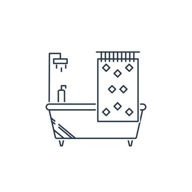 Mobilya konseptindeki banyo ikonu vektörü. Banyo felcinin ince bir çizgisi. İnternet ve mobil uygulamalarda kullanım için banyonun doğrusal işareti, logo, yazdırma ortamı.