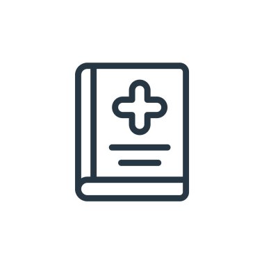 Tıbbi öğeler konseptindeki tıbbi el kitabı ikonu vektörü. Düzenlenebilir tıbbi el kitabı felcinin ince bir çizgisi. Web ve mobil uygulamalar, logo ve yazdırma ortamlarında kullanmak için tıbbi el kitabı doğrusal işareti.