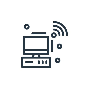 Donanım ağı kavramından masaüstü bilgisayar simgesi vektörü. Masaüstü düzenlenebilir felcin ince çizgisi. Web ve mobil uygulamalarda kullanmak için masaüstü bilgisayar doğrusal işareti, logo, yazdırma ortamı.