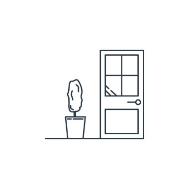 Mobilya konseptindeki kapı ikonu vektörü. Kapı düzenlenebilir vuruşun ince çizgisi. Web ve mobil uygulamalarda kullanım için kapı doğrusal işareti, logo, yazdırma ortamı.