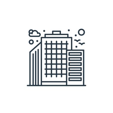 Şehir elemanları kavramından ikon vektörü oluşturmak. İnce çizgili, düzenlenebilir felç çizgisi. Web ve mobil uygulamalarda kullanmak için doğrusal işaret dili oluşturma, logo, yazdırma ortamı.