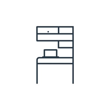 Mobilya dekorasyonu konseptinden masa simgesi vektörü. Düzenlenebilir masaüstü felcin ince çizgisi. Web ve mobil uygulamalarda, logoda, yazdırma ortamında kullanmak için masa doğrusal işareti.