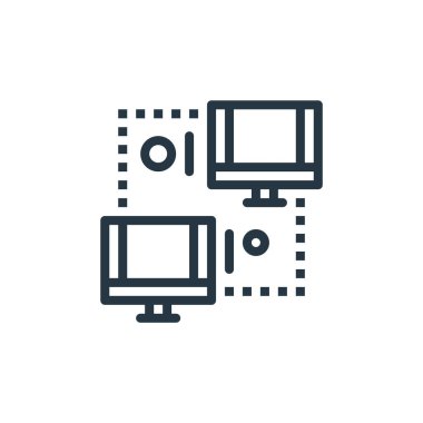 Donanım ağı kavramından bilgisayar simgesi vektörü. Bilgisayarda düzenlenebilir vuruşun ince çizgisi. Web ve mobil uygulamalarda kullanmak için bilgisayar doğrusal işareti, logo, yazdırma ortamı.