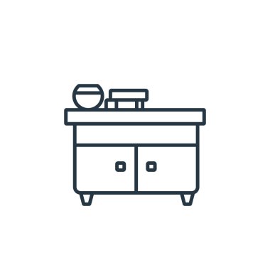 Mobilya dekorasyonu konseptinden masa simgesi vektörü. Düzenlenebilir masaüstü felcin ince çizgisi. Web ve mobil uygulamalarda, logoda, yazdırma ortamında kullanmak için masa doğrusal işareti.