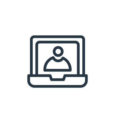 Eğitim konseptinden dizüstü bilgisayar ikonu vektörü. Dizüstü bilgisayarın düzenlenebilir vuruşunun ince çizgisi. Web ve mobil uygulamalarda kullanmak için dizüstü bilgisayar doğrusal imzası, logo, yazdırma ortamı.