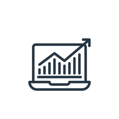 seo ve web konseptinden dizüstü ikon vektörü. Dizüstü bilgisayarın düzenlenebilir vuruşunun ince çizgisi. Web ve mobil uygulamalarda kullanmak için dizüstü bilgisayar doğrusal imzası, logo, yazdırma ortamı.
