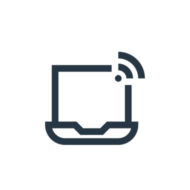 İnternet konseptinden dizüstü bilgisayar simgesi vektörü. Dizüstü bilgisayarın düzenlenebilir vuruşunun ince çizgisi. Web ve mobil uygulamalarda kullanmak için dizüstü bilgisayar doğrusal imzası, logo, yazdırma ortamı.