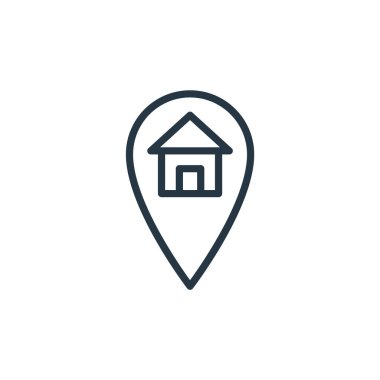Emlak konseptindeki konum ikonu vektörü. İnce çizgili düzenlenebilir felç çizgisi. Web ve mobil uygulamalarda kullanmak için konum doğrusal işareti, logo, yazdırma ortamı.