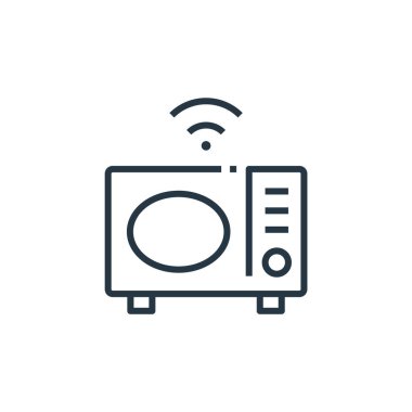 Akıllı ev konseptinden mikrodalga fırın ikonu vektörü. Mikrodalga fırının düzenlenebilir vuruşunun ince çizgisi. Web ve mobil uygulamalarda kullanmak için mikrodalga fırın doğrusal işareti, logo, yazdırma ortamı.