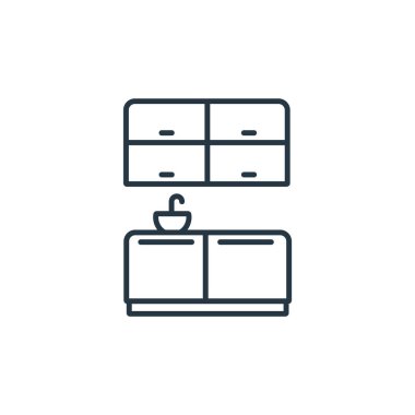 Mobilya dekorasyonu konseptindeki mutfak ikonu vektörü. Mutfak düzenlenebilir felcin ince bir çizgisi. Web ve mobil uygulamalarda kullanmak için mutfak doğrusal işareti, logo, yazdırma ortamı.