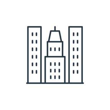 Gökdelen kavramının ikon taşıyıcısı. Binaların düzenlenebilir darbelerinin ince çizgisi. Web ve mobil uygulamalar, logo ve yazdırma ortamlarında kullanım için binaların doğrusal işareti.