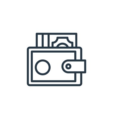 Seyahat konseptinden cüzdan ikonu vektörü. Cüzdan düzenlenebilir darbenin ince çizgisi. Web ve mobil uygulamalarda kullanmak için cüzdan doğrusal işareti, logo, yazdırma ortamı.