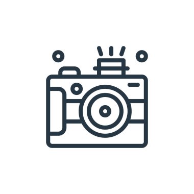 Donanım ağı konseptinden kamera simgesi vektörü. Kamera düzenlenebilir vuruşun ince çizgisi. Web ve mobil uygulamalarda kullanmak için kamera doğrusal işareti, logo, yazdırma ortamı.