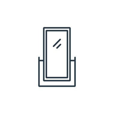 Mobilya dekorasyonu konseptinden ikon vektörü. İnce çizgili ayna dekoltesi çizimi. Web ve mobil uygulamalarda kullanmak için ayna doğrusal işareti, logo, yazdırma ortamı.