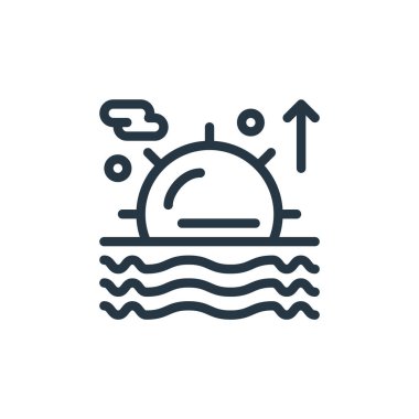 Hava durumundan plaj günbatımı ikonu vektörü. Plaj günbatımının düzenlenebilir vuruşunun ince bir çizgisi. Web ve mobil uygulamalarda kullanmak için plaj gün batımı çizgisel işareti, logo, yazdırma ortamı.