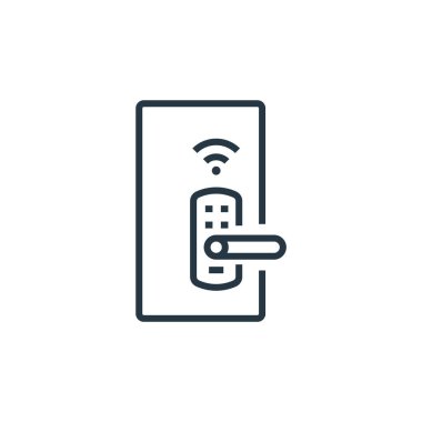 Akıllı ev konseptinden akıllı kilit ikon vektörü. Düzenlenebilir akıllı kilit vuruşunun ince bir çizgisi. Web ve mobil uygulamalarda kullanmak için akıllı kilit doğrusal işareti, logo, yazdırma ortamı.