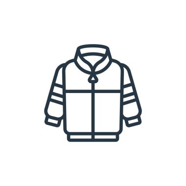 Moda ve giysi konseptinden bir simge vektörü. İnce çizgili montlu, düzenlenebilir felç çizgisi. Web ve mobil uygulamalar, logo ve yazdırma ortamlarında kullanmak için doğrusal ceket işareti.