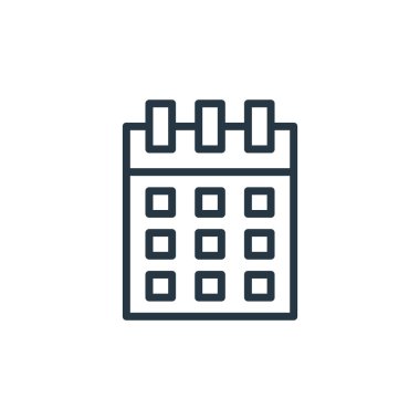 İş ve ofis konseptindeki takvim ikonu vektörü. Takvim düzenlenebilir vuruşunun ince çizgisi. Web ve mobil uygulamalarda kullanmak için takvim doğrusal işareti, logo, yazdırma ortamı.