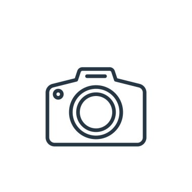 Kullanıcı arayüzü kavramından kamera simgesi vektörü. Kamera düzenlenebilir vuruşun ince çizgisi. Web ve mobil uygulamalarda kullanmak için kamera doğrusal işareti, logo, yazdırma ortamı.