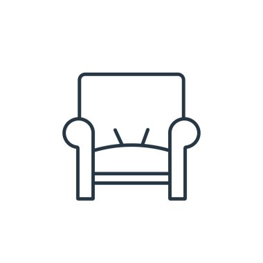 Mobilya dekorasyonu konseptinden koltuk ikonu vektörü. Koltuğun düzenlenebilir vuruşunun ince çizgisi. Web ve mobil uygulamalar, logo ve yazdırma ortamlarında kullanım için koltuk doğrusal işareti.