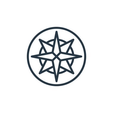 Seyahat konseptinden pusula ikonu vektörü. Düzenlenebilir pusula vuruşunun ince çizgisi. Web ve mobil uygulamalarda kullanmak için pusula işareti, logo, yazdırma ortamı.