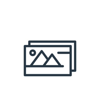 Tasarım konseptinden resim galerisi ikonu vektörü. Düzenlenebilir resim galerisi vuruşunun ince çizgisi. Web ve mobil uygulamalarda kullanmak için resim galerisi doğrusal işareti, logo, yazdırma ortamı.