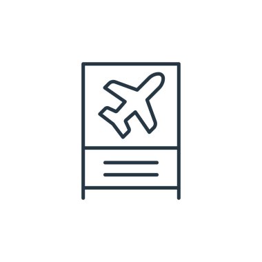 Havalimanı araç simgesi vektörü uçuş konseptinden. Havaalanının düzenlenebilir vuruşunun ince çizgisi. Web ve mobil uygulamalar, logo ve yazdırma ortamlarında kullanım için havalimanı aracı doğrusal işareti.