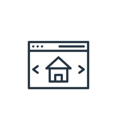 Emlak konseptinden web sitesi ikonu vektörü. İnternet sitesinde düzenlenebilir vuruşların ince çizgisi. Web ve mobil uygulamalarda kullanmak için web sitesi doğrusal işareti, logo, yazdırma ortamı.