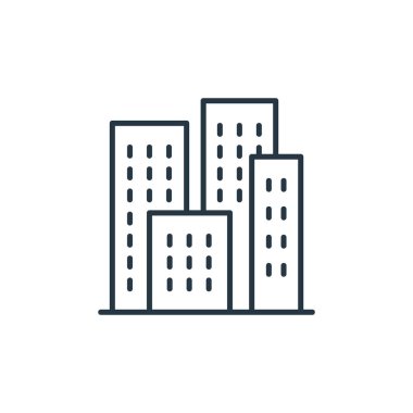 Gökdelen konseptinden şehir simgesi vektörü. Şehrin düzenlenebilir vuruşunun ince bir çizgisi. Web ve mobil uygulamalarda kullanmak için şehir doğrusal işareti, logo, yazdırma ortamı.