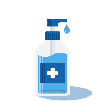 El dezenfektanı pompası şişesi. Virüsü, bakteriyi ya da kirliliği korumak için el yıkama için alkol jelinin düz vektörü. Düz dizayn tarzında dezenfeksiyon konsepti olan hijyenik ürün.