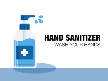 El dezenfektanı pompası şişesi. Virüsü, bakteriyi ya da kirliliği korumak için el yıkama için alkol jelinin düz vektörü. Düz dizayn tarzında dezenfeksiyon konsepti olan hijyenik ürün.