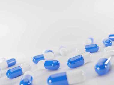 Beyaz arka planda mavi ilaç kapsülleri var. Tıbbi, sağlık ve eczane konsepti. Metin için boşluğu kopyala ve boşalt. 3B görüntüleme.
