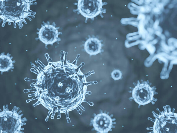 Virus background. 3D render of close-up corona virus or COVID-19, bacteria, SARS molecules. Microscopic view of microbe cells. 