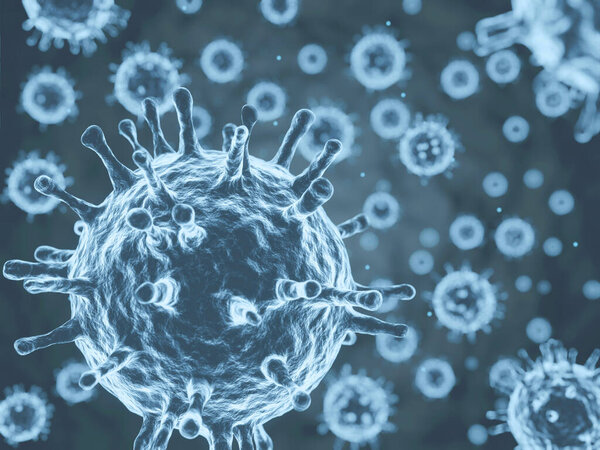 Virus background. 3D render of close-up corona virus or COVID-19, bacteria, SARS molecules. Microscopic view of microbe cells. 