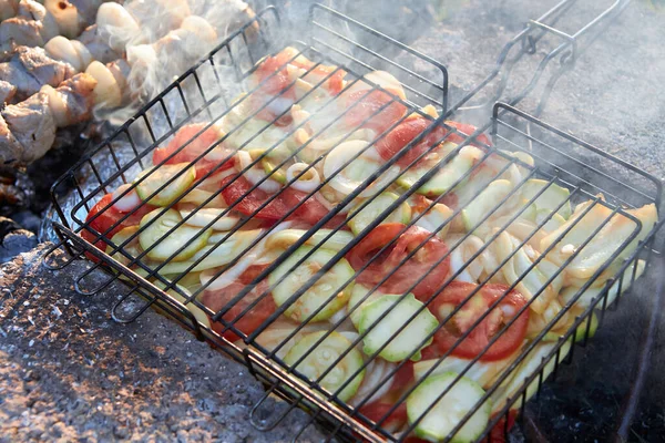 Ψητά Λαχανικά Ντομάτες Καυτερές Πιπεριές Τσίλι Μελιτζάνες Ξύλινο Φόντο Φυσικό — Φωτογραφία Αρχείου