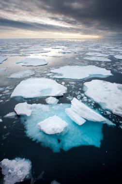 Northern Arctic ice floes are seen breaking up and melting leading into an atmospheric moody sky on the horizon.Clmate crisis emergency and global warming.Image clipart