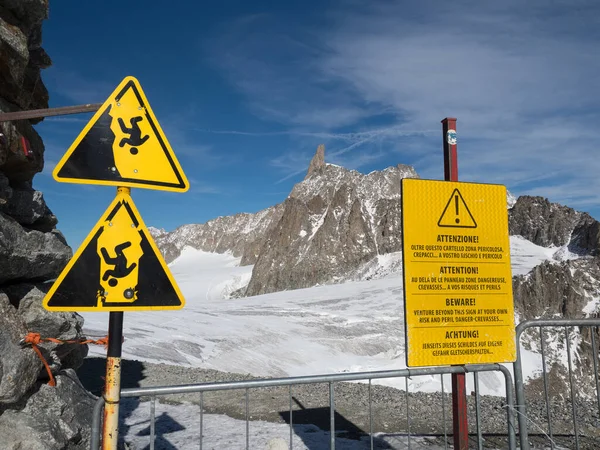 Yellow warning signs with symbols of people falling.Also written signs in European languages English,Italian,Spanish,German.In the background a large mountain rock face with glacier below