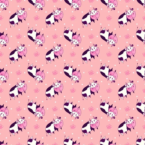 Seamless  pattern  with   cartoon  cows.  Hand drawn  gouache illustration on pink  background.Can be used  for  children textile, stationery and bedclothes.