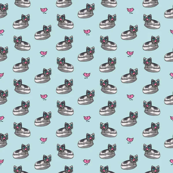 Cartoon  blue background for Kids. Watercolor seamless pattern hand painted with cats and birds. Can be used  for  children textile, fabric, stationery.