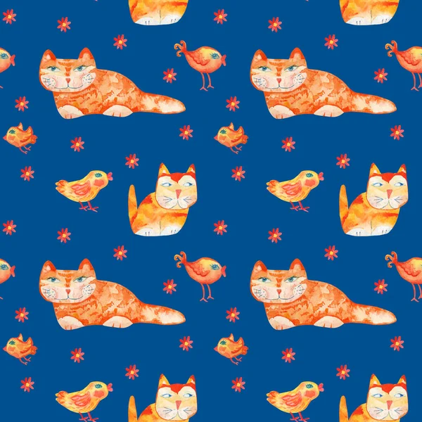 Seamless  pattern  with  cats, birds and flowers. Perfect for kids. Hand  painted  watercolor illustration on blue background. Can be used  for  children textile, fabric, stationery.