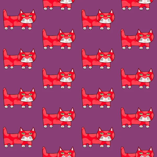 Purple cartoon background for kids. Seamless  pattern  with  red cats.  Hand drawn  gouache illustration. Can be used  for  children textile, fabric, stationery.