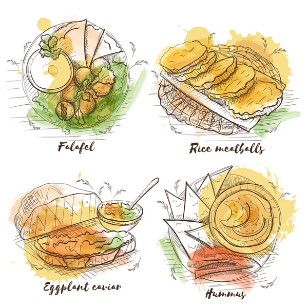 Akvarell vegetarisk maträtt för dekoration design. Skiss vektor akvarell bakgrunden. Traditionella veggie livsmedel. — Stock vektor