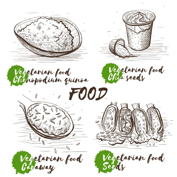Vector illustratie kunst instellen. Schets van de zwart-wit. RAW, veganistisch, vegetarisch voedsel. Cartoon set met monochroom zaden op witte achtergrond. — Stockvector