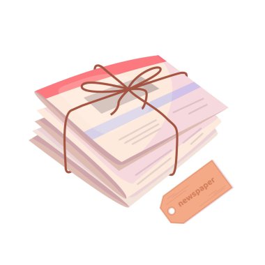 İple izole edilmiş medya bilgilerine sahip gazete yığını. Vektör çizgi film düz illüstrasyon beyaz üzerine izole.