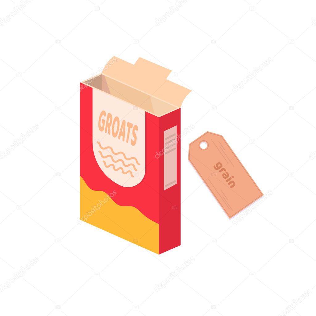 Cereal, grain box. Whole grain vegan food. Vector cartoon flat illustration isolated on white background.