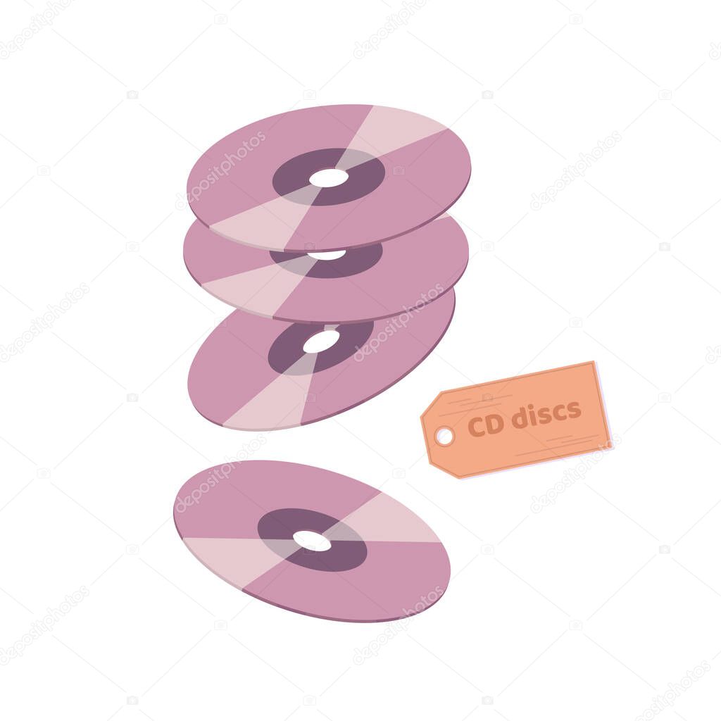 Compact CD or DVD discs. Vector cartoon flat illustration isolated on white background.