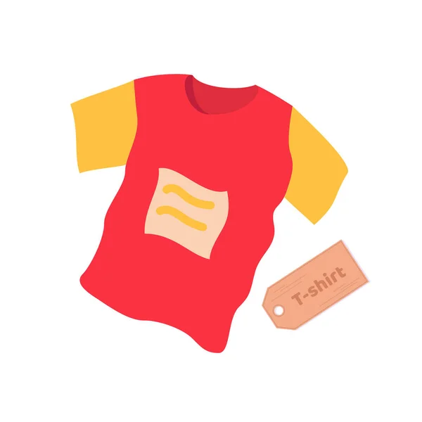เสื้อยืดสีแดงและสีเหลืองพร้อมดีไซน์ การ์ตูนเวกเตอร์ ภาพแบนแยกจากสีขาว . — ภาพเวกเตอร์สต็อก